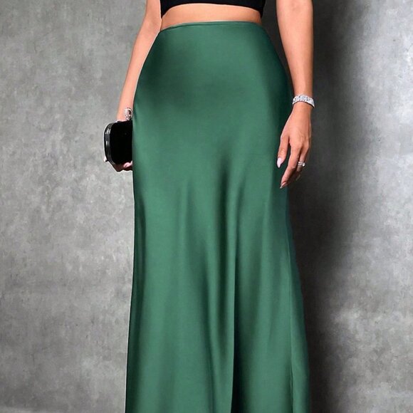 Army Green Casual Womens Solid Maxi Satin Skirt - Picture 2 of 5